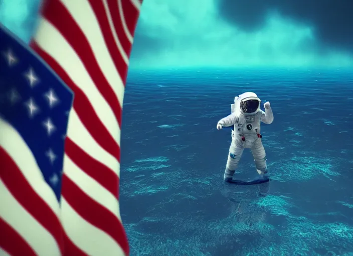 Prompt: astronaut underwater putting a flag on the bottom of the ocean. in the background, a submarine is visible. dark, cinematic, dramatic, blender, photorealistic, octane render, 8 k, volumetric lighting, trending on artstation