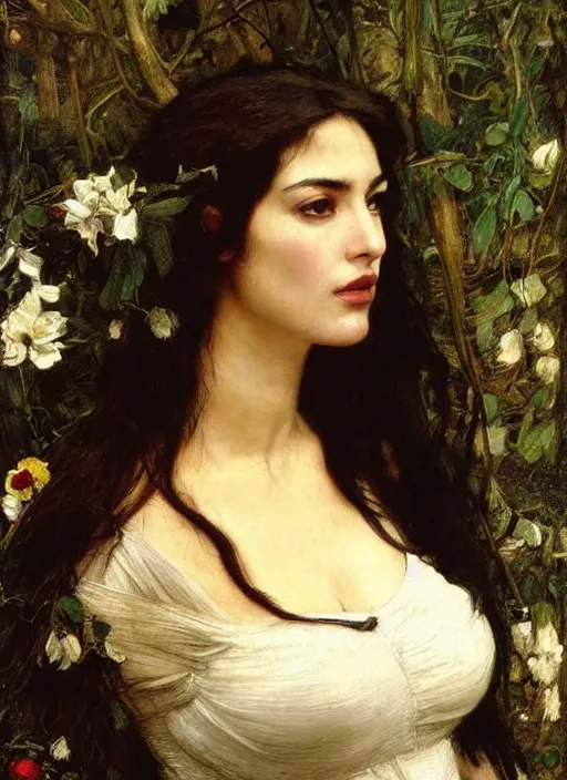 Prompt: a beautiful painting of monica bellucci by John Everett Millais and Dante Gabriel Rossetti and John Collier and john william waterhouse, pre-raphaelite, detailed, trending on artstation, hd, masterpiece