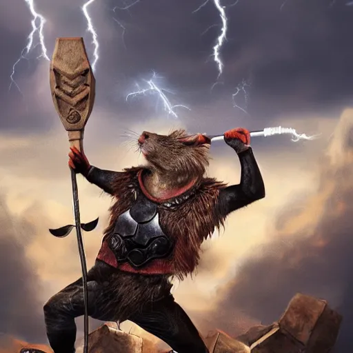 Image similar to the rat thor ~ holding his hammer ~ dramatic thunder background ~ fighting scene ~