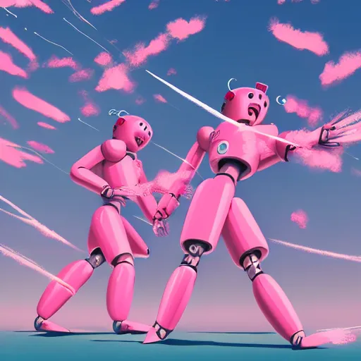 Prompt: a japanese woman battles pink robots, illustrated, detailed, 4 k