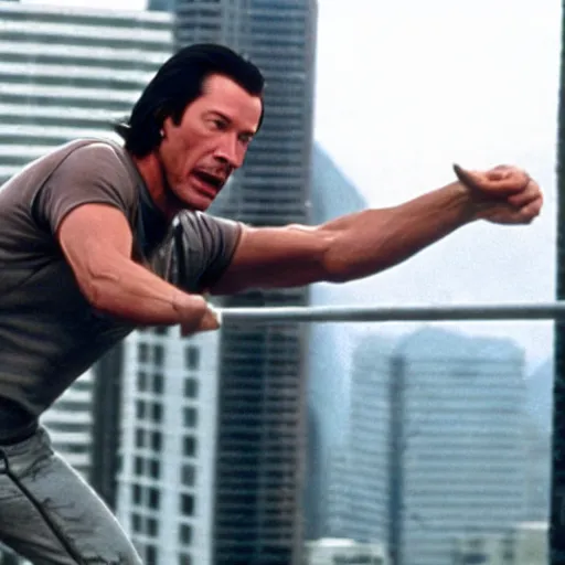 Image similar to keanu reeves fighting bruce willis and jean claude van damme on top of a bridge