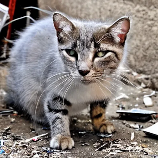 Image similar to once there was a little alley cat without a name. he lived among the trash and only came out at night, a quantum computer in the garbage