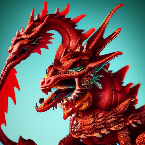 Prompt: close up 3 d toy chinese bestiary dragon as funco toy smoking dmt, war cry, plastic, sss, octane 4 k render, studio lighting, artstation, cyan photographic backdrop, 1 0 5 mm, f 2. 8 aperture