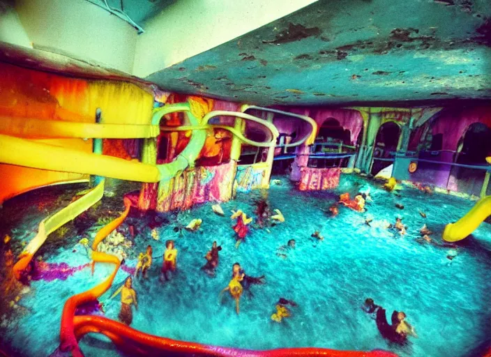 Image similar to abandoned colorful indoor water park with strange creatures lurking, polaroid photo