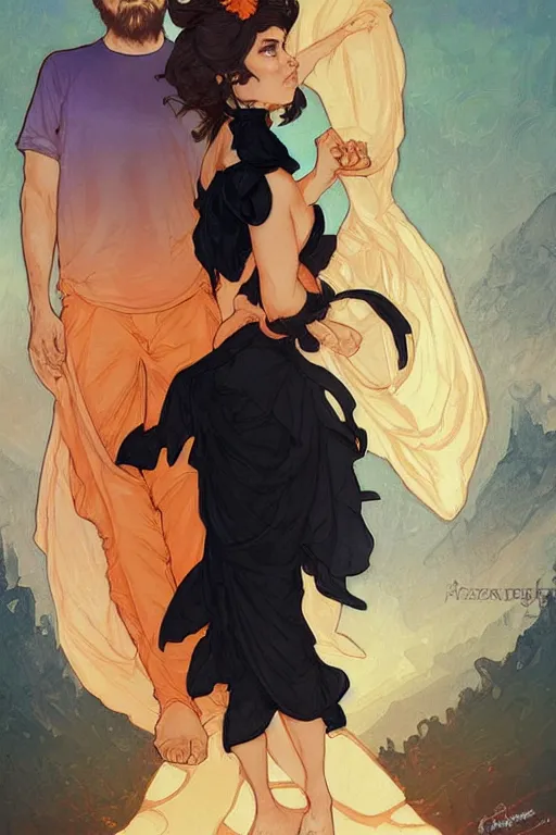 Image similar to bearded young man in orange t - shirt fastens beautiful black dress of his spouse before going to exquisite gala art by artgerm and greg rutkowski and charlie bowater and magali villeneuve and alphonse mucha