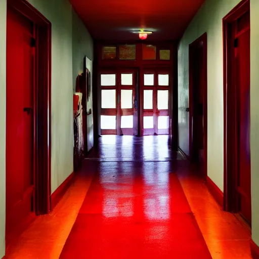 Image similar to a vintage hotel hallway with a red door at the end, dimly lit, surreal, dark, liminal,