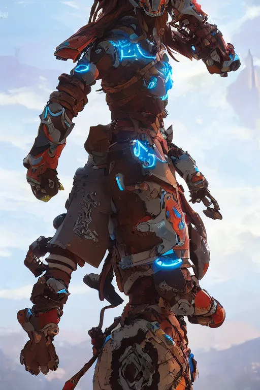 Image similar to combination suit armor aloy horizon forbidden west horizon zero dawn robot ninja mask helmet backpack tribal, aesthetic octane render, 8 k hd resolution, by ilya kuvshinov and cushart krentz and gilleard james radiating a glowing aura cgi rtx 2 0 2 2