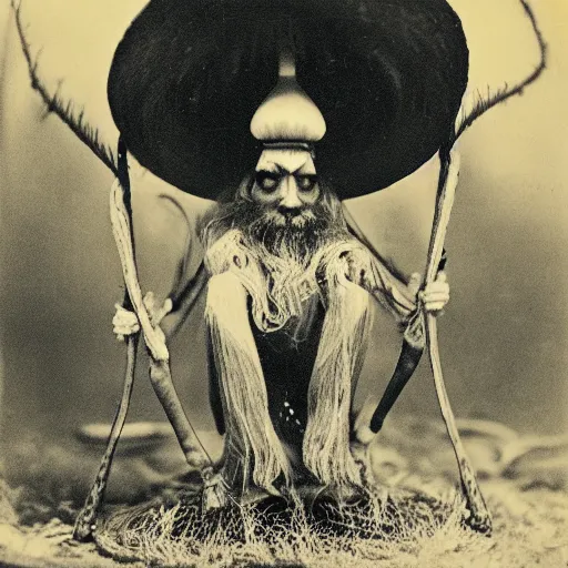 Image similar to Mushroom Temple Wizard with large magical spider legs by Ansel Adams Tintype 1800s