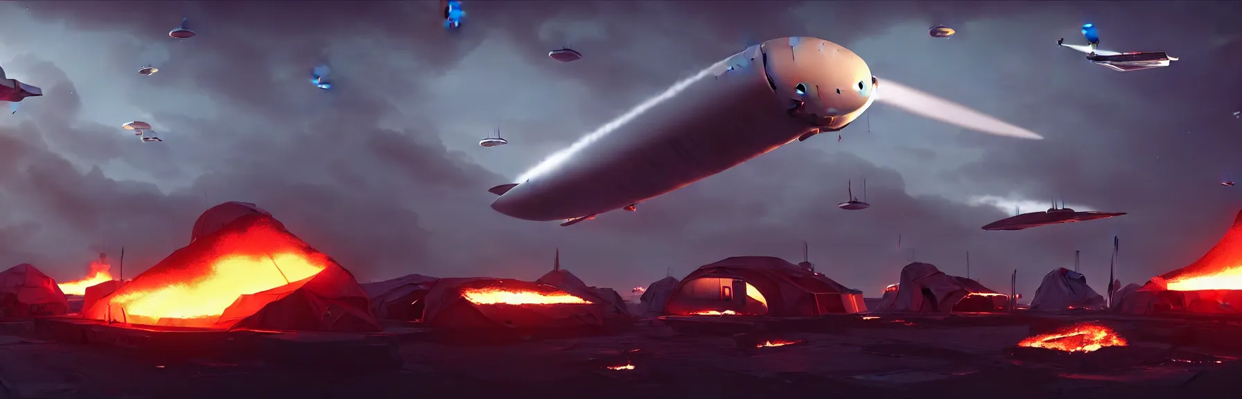 Prompt: sci - fi high tech tents are on fire. mighty futuristic zeppelins hover in the sky above you, cruise missile strikes, a little further away, a camp is bombarded from the air, intricate and epic concept art, highly detailed, 8 k, cinematic ; artstation, unreal engine 5