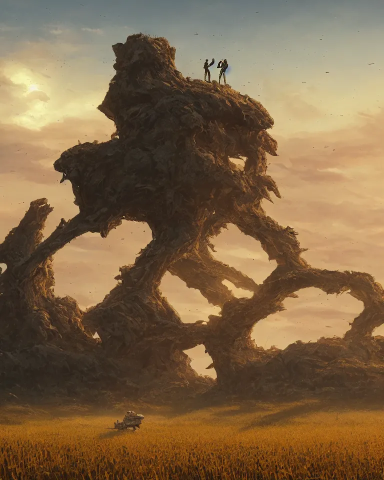 Image similar to wide shot of a tall and thin rocky and organic alien structure hovering in the air 6 feet above a cornfield, late afternoon, golden hour, dramatic lighting, cinematic, highly detailed, smooth, sharp focus, concept art by greg rutkowski and stanley lau and syd mead