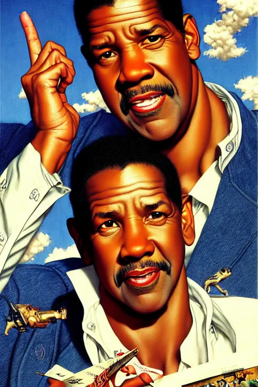 Image similar to skinny denzel washington by gil elvgren and norman rockwell and rob gonsalves and hajime sorayama, hyperrealistic, high detail, ultra detailed, highly detailed face, ruffled fabric