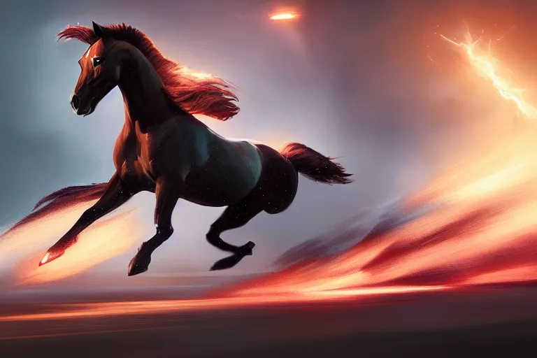 Prompt: a stunning digital painting of a horse as a speedster running in the speedforce by greg rutkowski, volumetric light, digital art, fine detail, photorealistic
