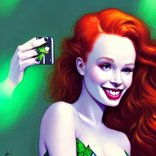 Image similar to beautiful Madelaine Petsch poison ivy DC comics taking a selfie, evil smile, realistic character concept, medium shot, fun pose, comic book, illustration, slender symmetrical face and body, artstation, cinematic lighting, hyperdetailed, high resolution, Charlie Bowater, Tom Bagshaw, single face, insanely detailed and intricate, beautiful