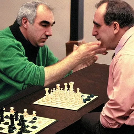 Image similar to a mallard duck playing chess against gary kasparov and winning!