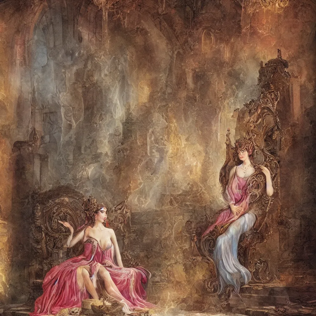 Image similar to a portrait of the goddess of love sitting on her throne inside her castle, fantasy illustration