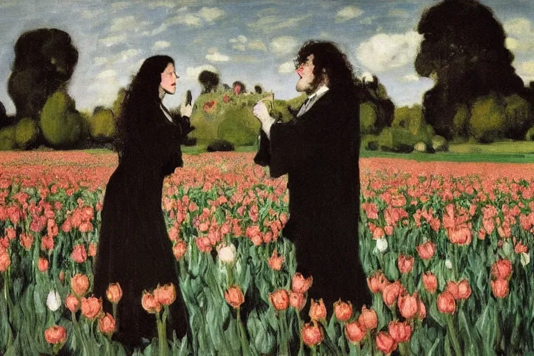 Prompt: hagrid and morticia addams kiss in a field of tulips, masterpiece, highly detailed, oil on canvas, art by walter sickert, john singer sargent, and william open