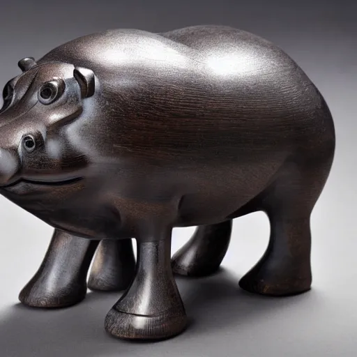 Image similar to wood block small hippo statue, wood blocks bottom hippo body, blue chrome top hippo body, by a genius craftsman, highly detailed