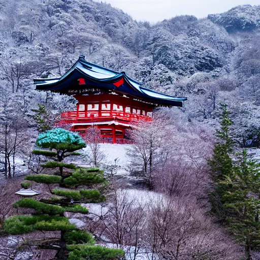 Prompt: a shinto shrine atop a mountain,snowy,beautiful nature,distant shot