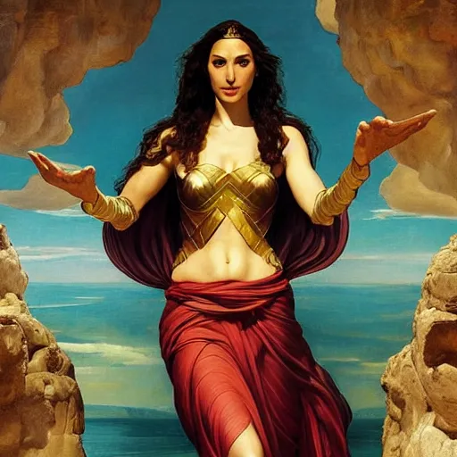 Image similar to Full body oil painting of the beautiful woman Gal Gadot, she is wearing some withe ancient roman cloths and a surreal ornate, her hair is natural disheveled, she is approaching heaven, people are claiming for her, she is attracting lightnings, naturalism, dramatic lighting, high-detailed oil painting by Ilya Repin, Michelangelo da Caravaggio, William Blake, Alex Grey and Beksinski, trending on Artsatio, hystorical painting, masterpiece, 4k, 8k,