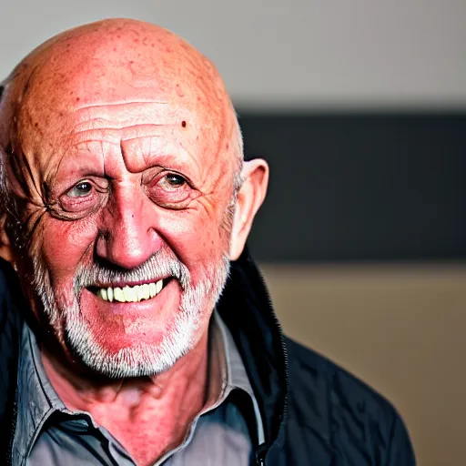 Image similar to mike ehrmantraut grinning in front of a camera