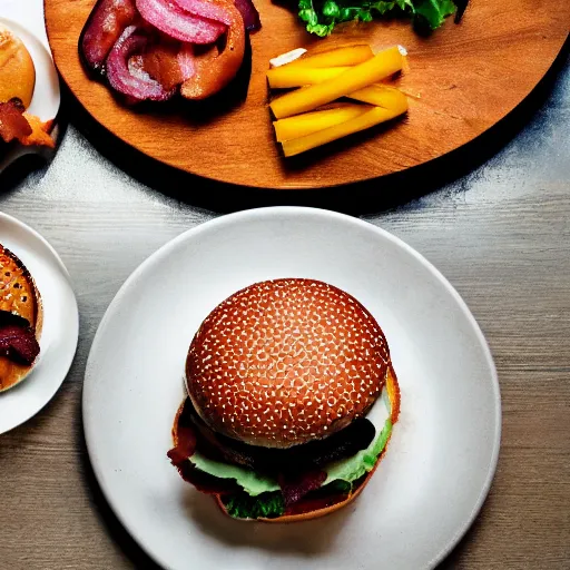 Image similar to a delicious hamburguer, food photography, award winning, lots of bacon, tasty