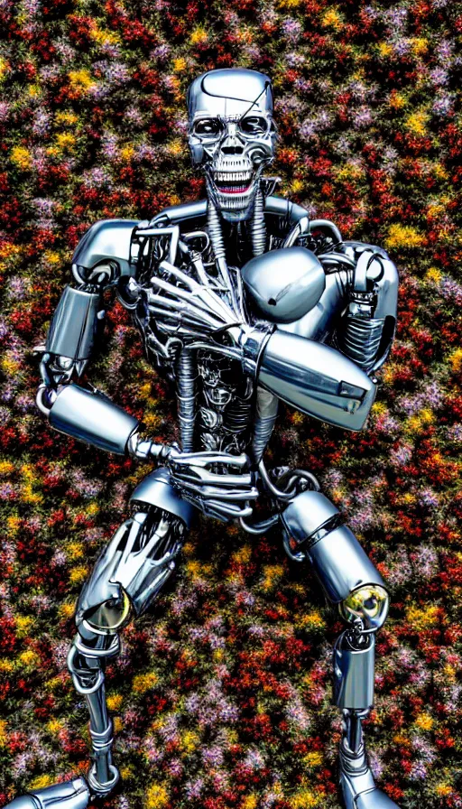 Prompt: destroyed terminator lying in a field of flowers, twisted metal, chrome, reflections, earth, terrible, anthropomorphic, photorealism, smoke, metal, 8 k, surreal, wires, smooth, sharp focus, top view, extremely detailed, ultra - realism, elegant, establishing shot, epic, by jeff koons, artgerm and greg rutkowski