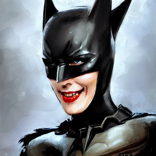 Image similar to batman as an attractive young smiling woman played by milla jovovich wearing a mushroom crown and heavy armoured wedding dress, face portrait, hd shot, digital portrait, elegant, beautiful, fantasy art, artstation, comic style, by artgerm, guy denning, jakub rozalski, magali villeneuve and charlie bowater