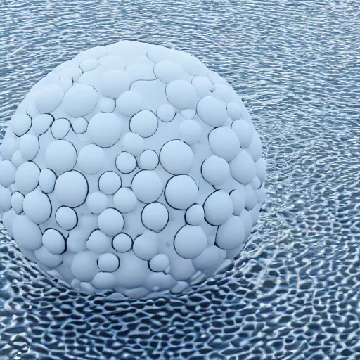 Prompt: many white spheres merge and coalesce according to the building formed by prato theorem and bubble cluster, on the calm water surface, designed by joseph platform