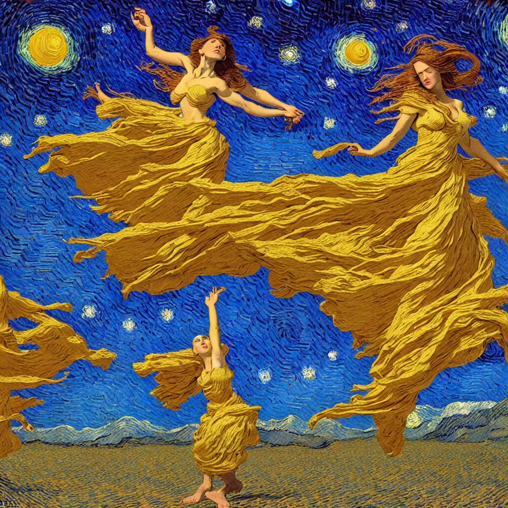 Prompt: goddess dancing in the desert, in the style of starry night by vincent van gogh, tim hildebrandt, wayne barlowe, bruce pennington, donato giancola, larry elmore, oil on canvas, masterpiece, trending on artstation, featured on pixiv, cinematic composition, beautiful lighting, sharp, details, hyper - detailed, hd, hdr, 4 k,