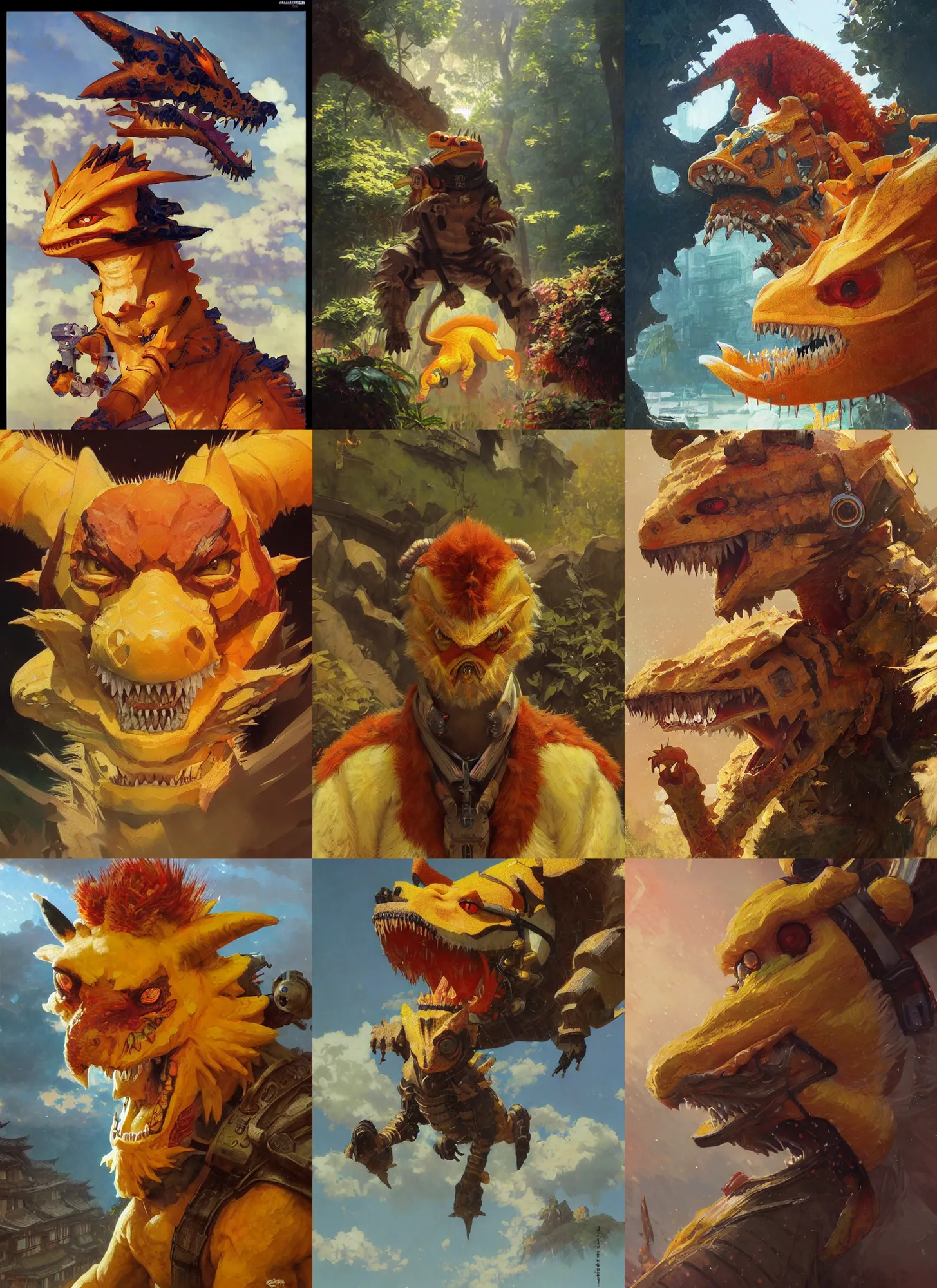 Prompt: highly detailed agumon gritty portrait, norman rockwell, wuxia art by greg rutkowski, loish, rhads and thomas kinkade, ilya kuvshinov, alphonse mucha, global illumination, detailed and intricate environment