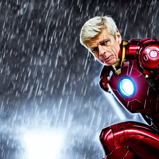 Image similar to arsene wenger as iron man, unmasked, movie still, cinematic, photorealistic, extreme detail, sharp focus, 8 k, rain, close up, anamorphic lens, lighting, dark