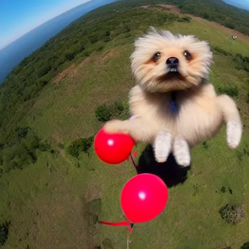 Image similar to a hairy dog with a large open balloon parachute jumping from a cliff. captured by a drone. wide camera. epic