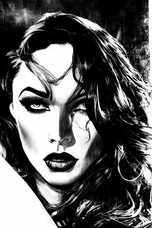 Image similar to dream of a film still from sin city, closeup portrait of film noir megan fox private detective, detailed illustration, digital art, trending on artstation, frank miller, martin ansin, movie poster,