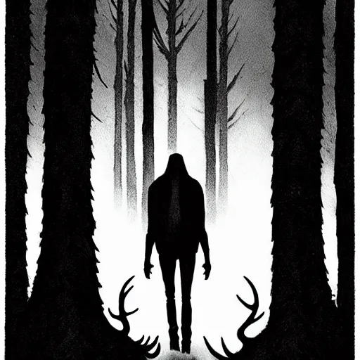 Prompt: Emma Rios and Steve Niles comic, Wendigo monster with deer skull face, antlers, furry brown body, tall and lanky skinny, walking through the forest, very dark night time, ominous moody lighting, spooky, scary, foggy, fog