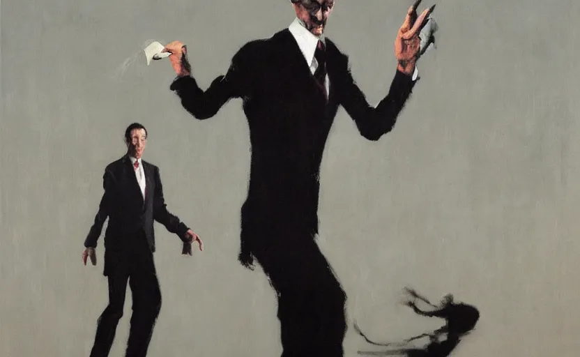 Image similar to a thin man wearing a suit screams and jumps over a telephone in a dark, 1980s living room, painted by phil hale, highly detailed