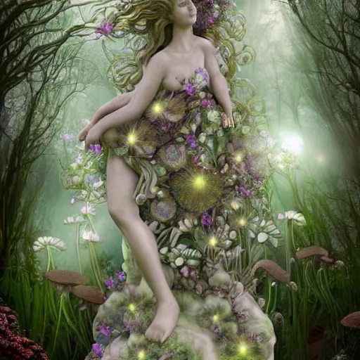 Image similar to a fully dressed idealistic marble statue with beautiful porcelain face with fractal flowery hair in a fractal garden, glowing delicate flower and mushrooms that grow in a dark fatansy forest on the planet pandora,, symmetrical,