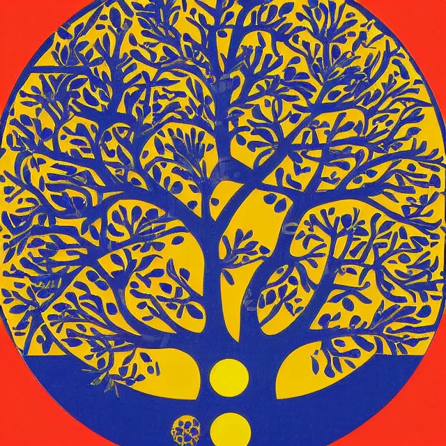 Prompt: the tree of life in a minimalist collage of geometric shapes, tetrachromacy, primary colors, in the style of ikko tanaka, japanese graphic design, 1 9 8 0, by ernst haeckel