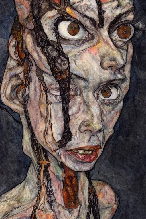 Prompt: a character in style of herakut and egon schiele, masterpiece, centered, hyperdetailed, complex, intricate, veiled, 4 k, dynamic!! trending on artstation,