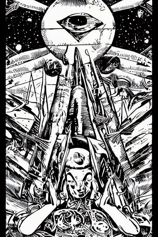 Prompt: tarot, occult, comic book art style, grey aliens, typography, ufos, vintage, apocalyptic, sci - fi, technology, gnosticism, surrealism,