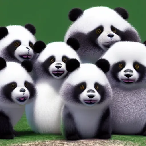 Image similar to cute colorful fluffy long haired fat baby panda creatures with detailed gradient fur, in the style of maurice sendak, detailed high quality realistic 3 d render unreal engine, 4 k