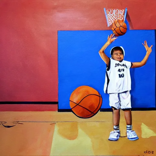 Image similar to painting of a kid about to shoot a basketball into a hoop, behind camera view