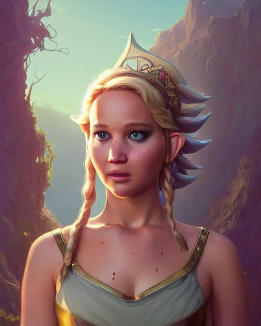 Prompt: highly detailed surreal vfx portrait of jennifer lawrence as princess zelda, stephen bliss, unreal engine, greg rutkowski, loish, rhads, beeple, makoto shinkai and lois van baarle, ilya kuvshinov, rossdraws, tom bagshaw, alphonse mucha, global illumination, detailed and intricate environment