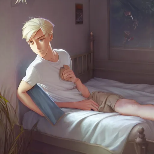 Image similar to young man with short, ash blond greyish hair, light brown eyes, casual clothes, hanging out on a bed, path traced, highly detailed, high quality, digital painting, by don bluth and ross tran and studio ghibli and alphonse mucha, sylvain sarrailh