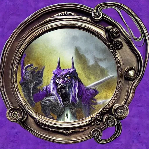 Image similar to a mirror in the shape of an antique silver tray shooting purple magic, d & d bestiary picture, digital art