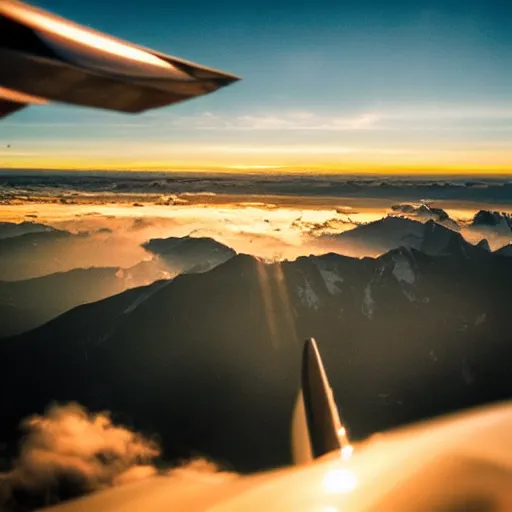 Image similar to a realistic sunrise in the swiss alps seen through a plane window