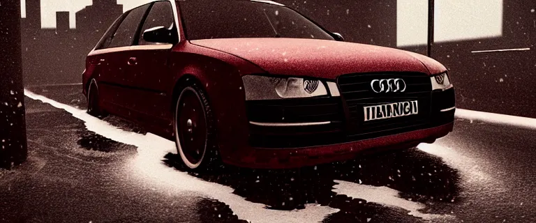 Image similar to Audi A4 B6 Avant (2002), a gritty neo-noir, dramatic lighting, cinematic, eerie person, death, homicide, homicide in the snow, viscera splattered, gunshots, bullet holes, establishing shot, extremely high detail, photorealistic, fire, arson, cinematic lighting, artstation, by simon stalenhag, Max Payne (PC) (2001) winter New York at night, In the style of Max Payne 1 graphic novel, flashing lights, Poets of the Fall - Late Goodbye