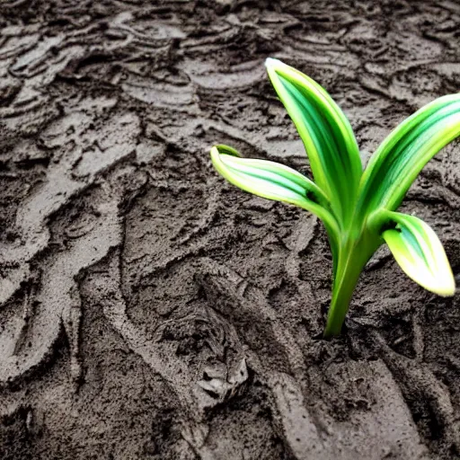 Image similar to a lone lily growing in a field of mud, realistic water colour