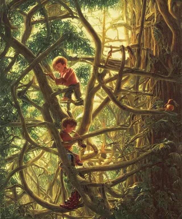 Image similar to masterful oil on canvas painting, eye - level view, shot from 5 0 feet distance, of a kid playing in a treehouse. in the background is a whimsical sparse forest. golden hour, detailed, depth, volume, chiaroscuro, quiet intensity, vivid color palette. by tex avery and gerald brom