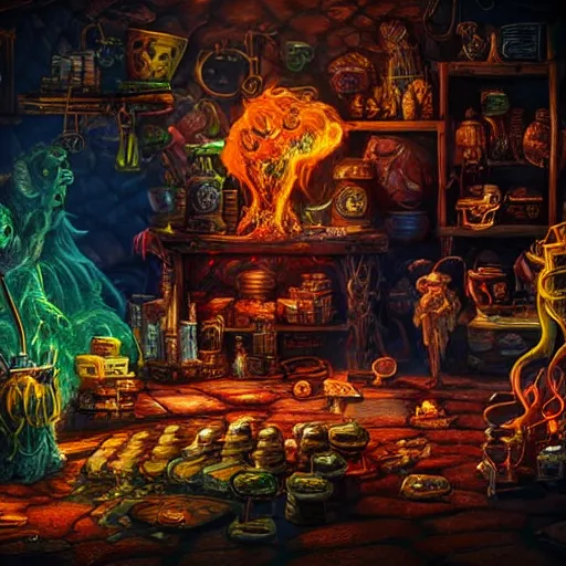 Image similar to these monsters are consumed by fire, yet they remain unharmed. they are surrounded by the tools of the alchemist's trade - beakers and test tubes full of colorful liquids, crystals, and books of ancient knowledge. the scene is suffused with an eerie glow, as if something magical is happening here. dramatic lighting epic glows eerily beautiful photograph