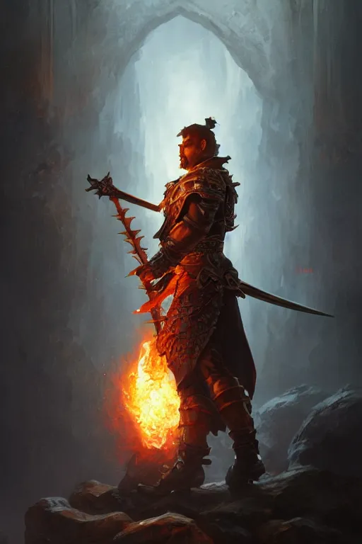 Image similar to dungeons and dragons warrior with flaming sword character full body side profile portrait, dramatic light, dungeon background, 2 0 0 mm focal length, painted by stanley lau, painted by greg rutkowski, painted by stanley artgerm, digital art, trending on artstation